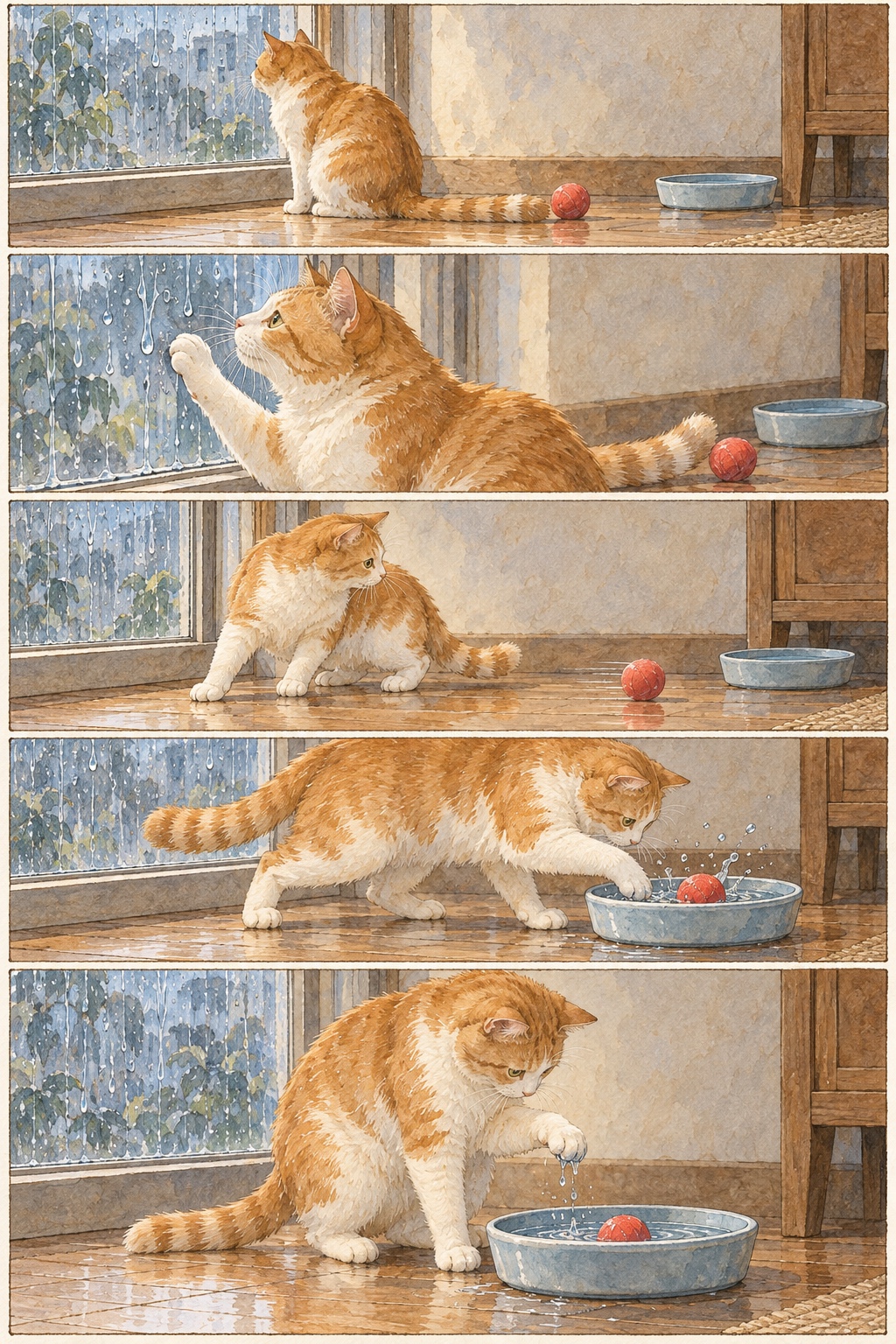 雨の窓辺で球を追った猫が水皿へ前足を入れ、濡れた足を持ち上げる。