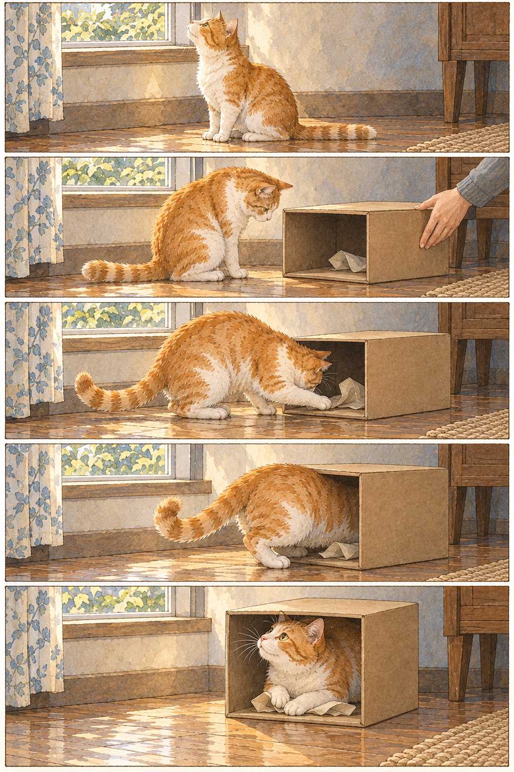 窓を見上げていた猫が、そばに置かれた箱へ入り、内側の紙片に前足を伸ばす。