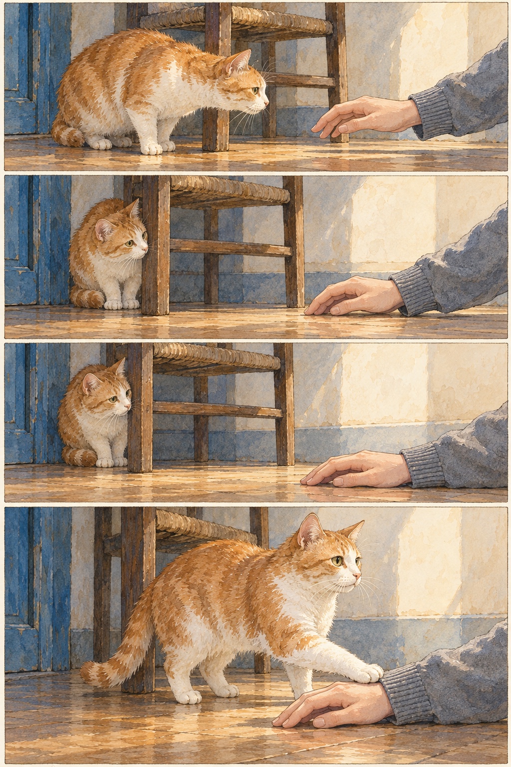 椅子の陰へ退いた猫が、床に置かれた手の袖口へ前足をそっと置く。